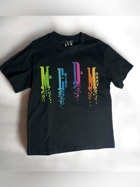 Black Short Sleeve Graphic Tee with Rainbow Pixel Letters